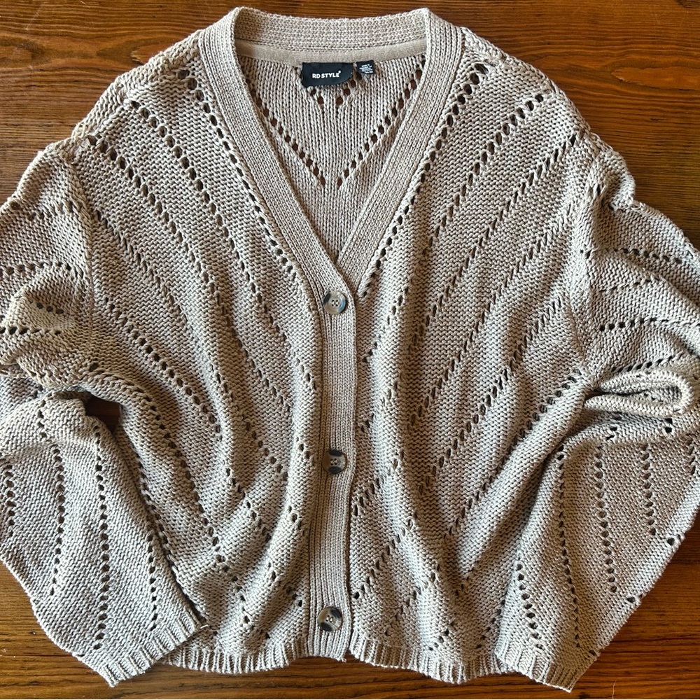 RD Style Boxy Knit Tan Cardigan Sweater Medium